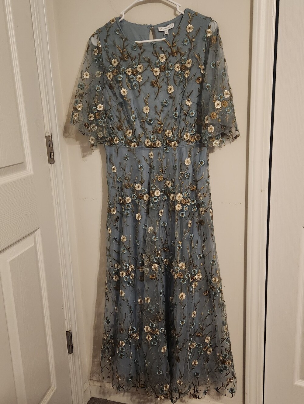 Baltic Born Arabella Dusty Blue Floral Embroidered Tulle Dress. Size Large